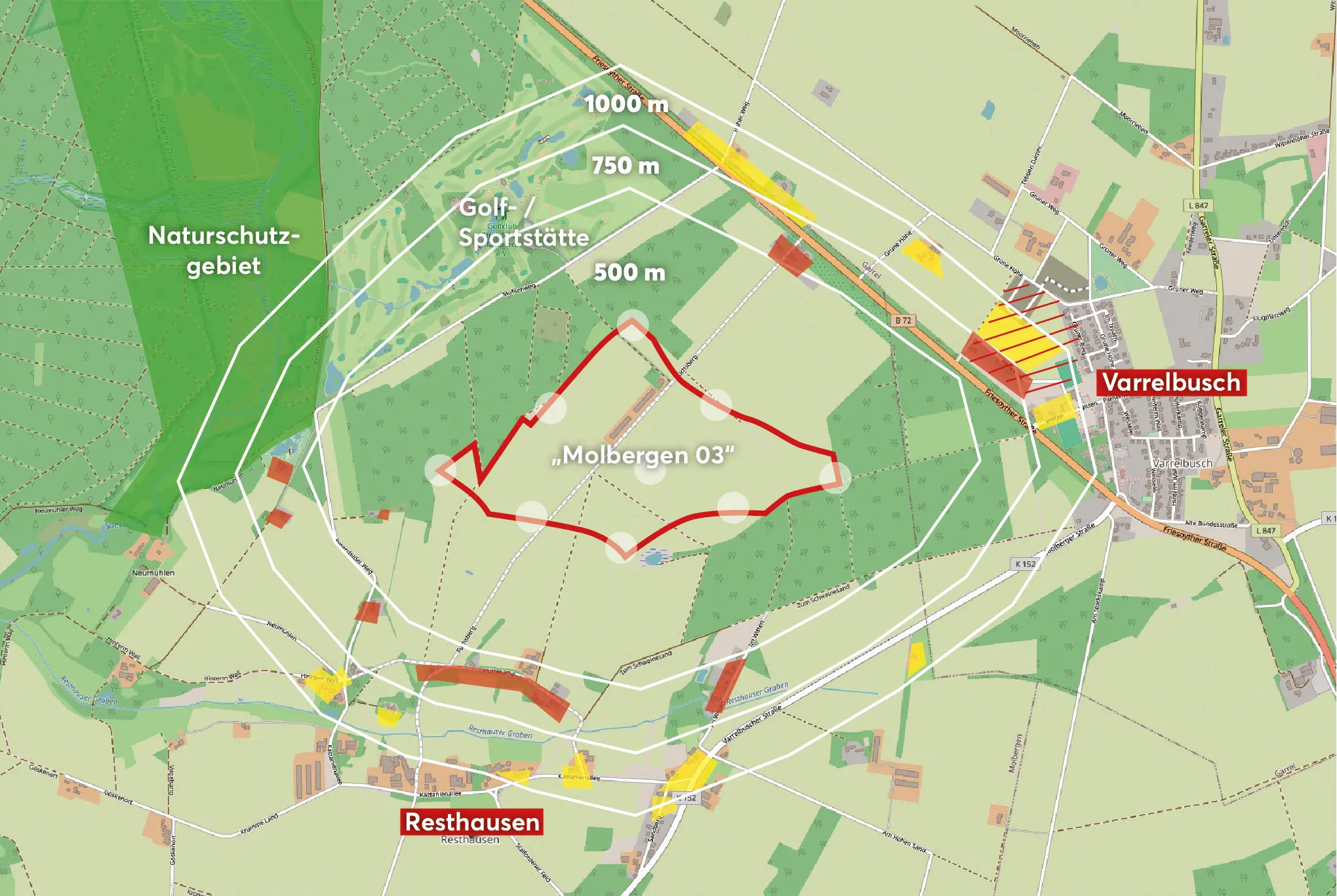 Karte: mögliche Windparkfläche Molbergen03 mit Markierungen
